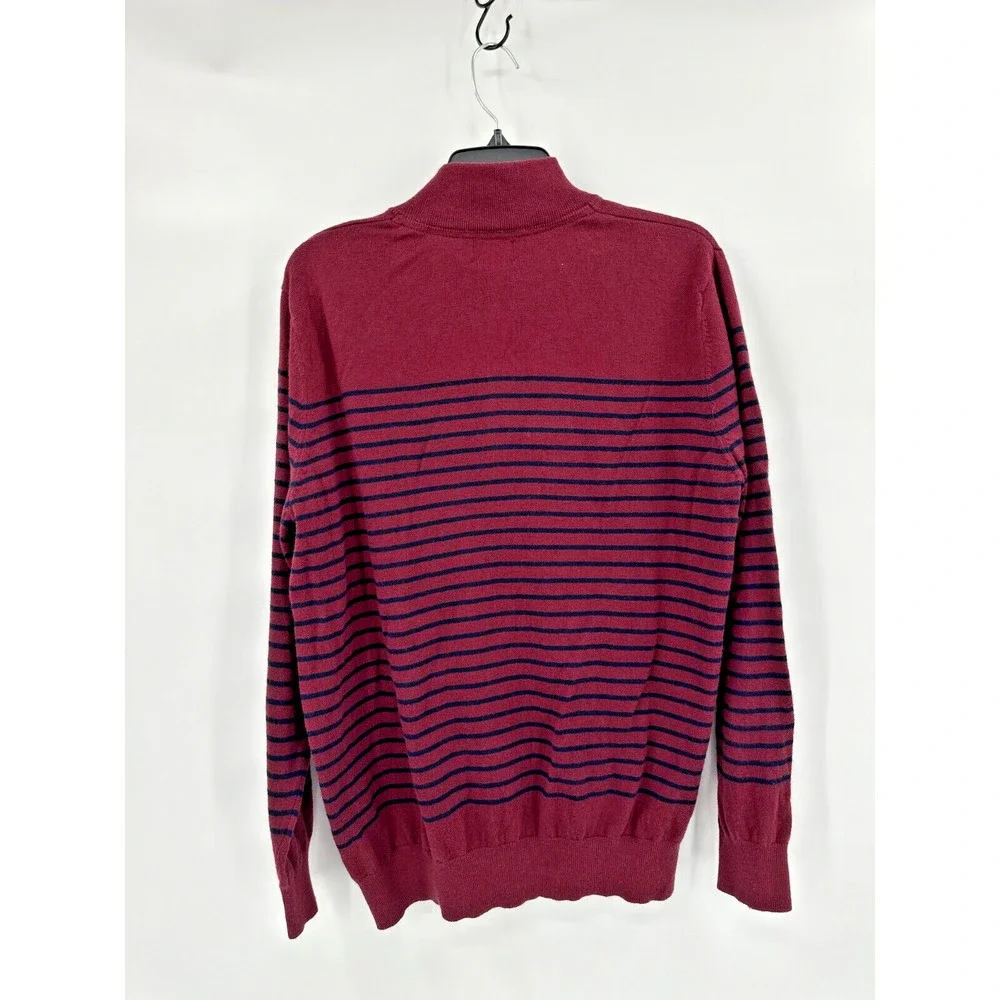 LL Bean Sweater Men Large Burgundy Striped Cotton Cashmere 1/4 Zip Pullover Gorp